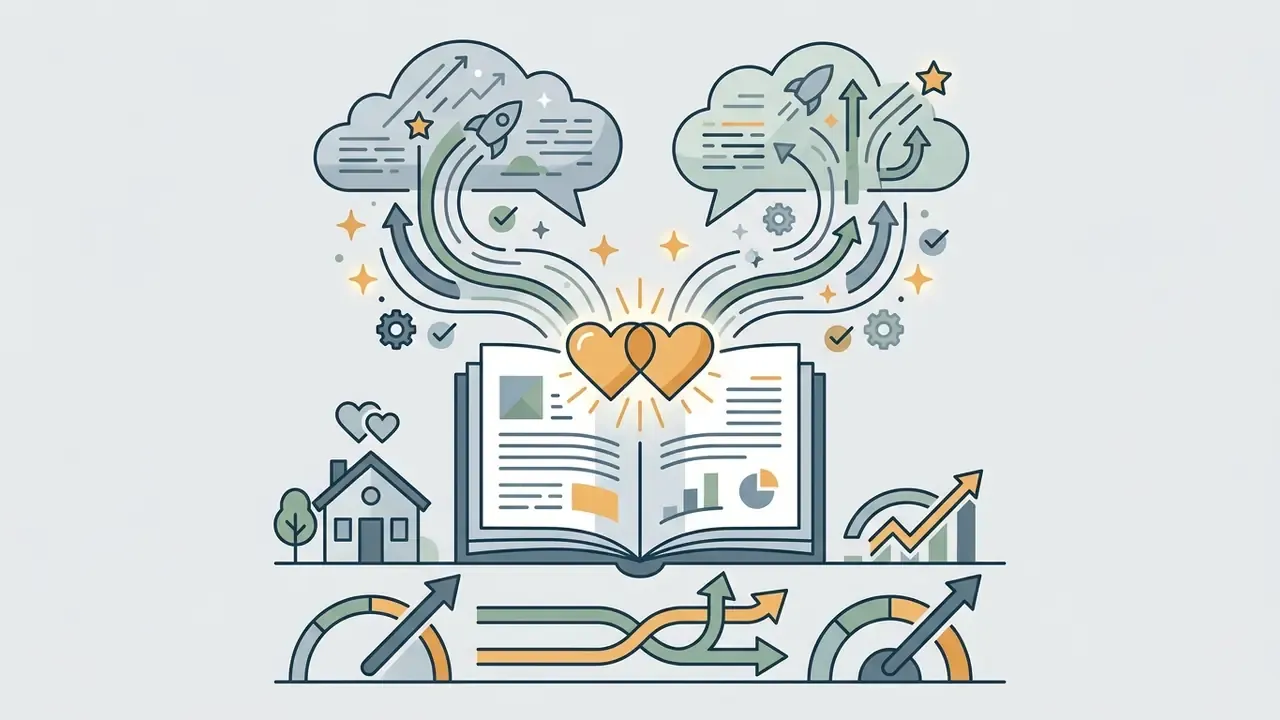 Open book with interlocking hearts emitting rockets and arrows toward thought bubbles above icons
