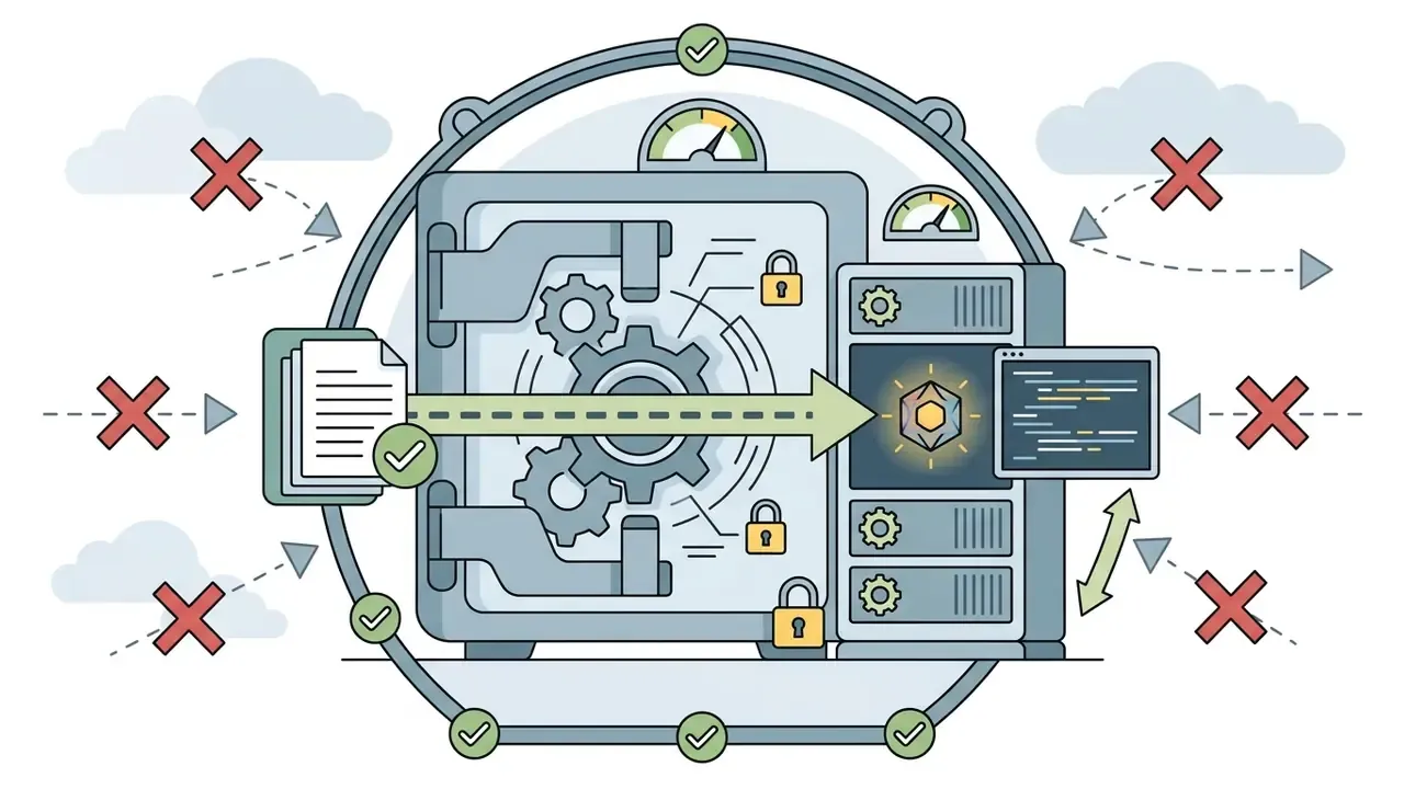 Document flowing into a secure vault and server unit while external cloud connections are blocked