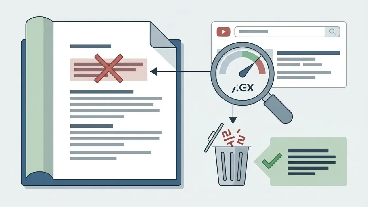 Magnifying glass with a gauge inspecting text to discard incorrect content and validate refined output