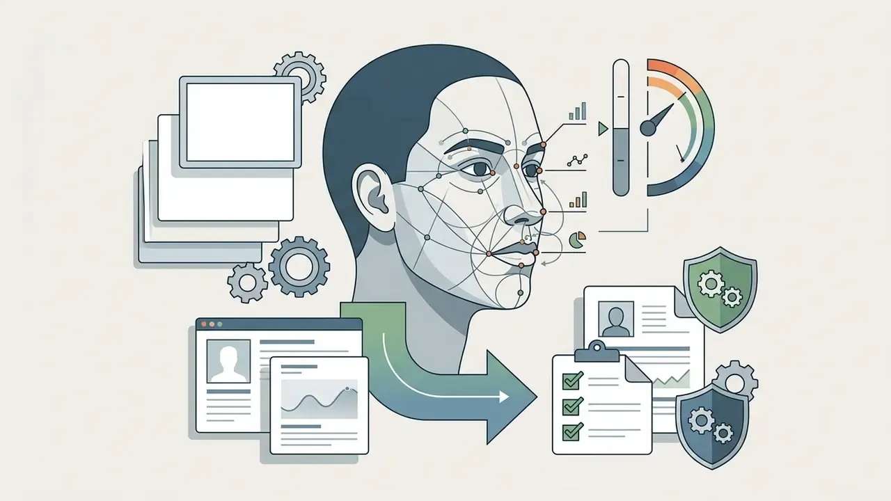 Human face with geometric mapping points connected to data gauges, document icons, and security shields