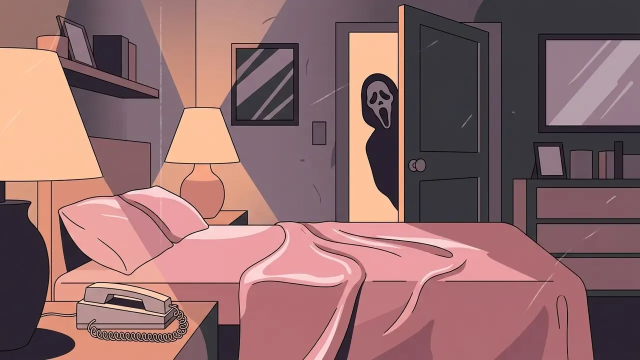 Masked figure peering through an open bedroom door with a lamp illuminating pink bedding and a corded phone