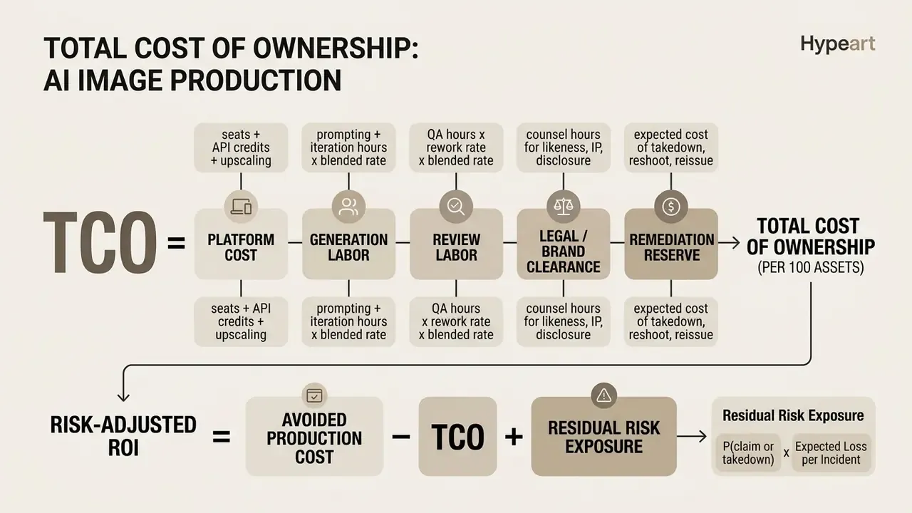 Mathematical formulas breaking down total cost of ownership and risk-adjusted ROI for AI image production