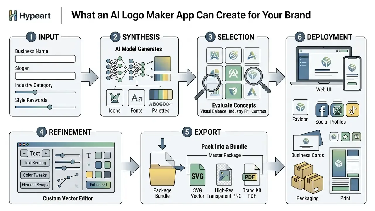 Flowchart showing the six stages of an AI logo maker app process from initial input to final deployment