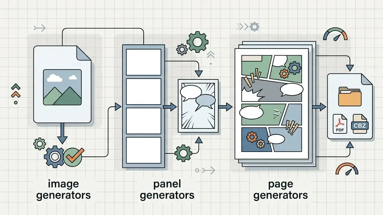 Process flow from single image generation to panel layouts and final comic page exports as PDF or CBZ files