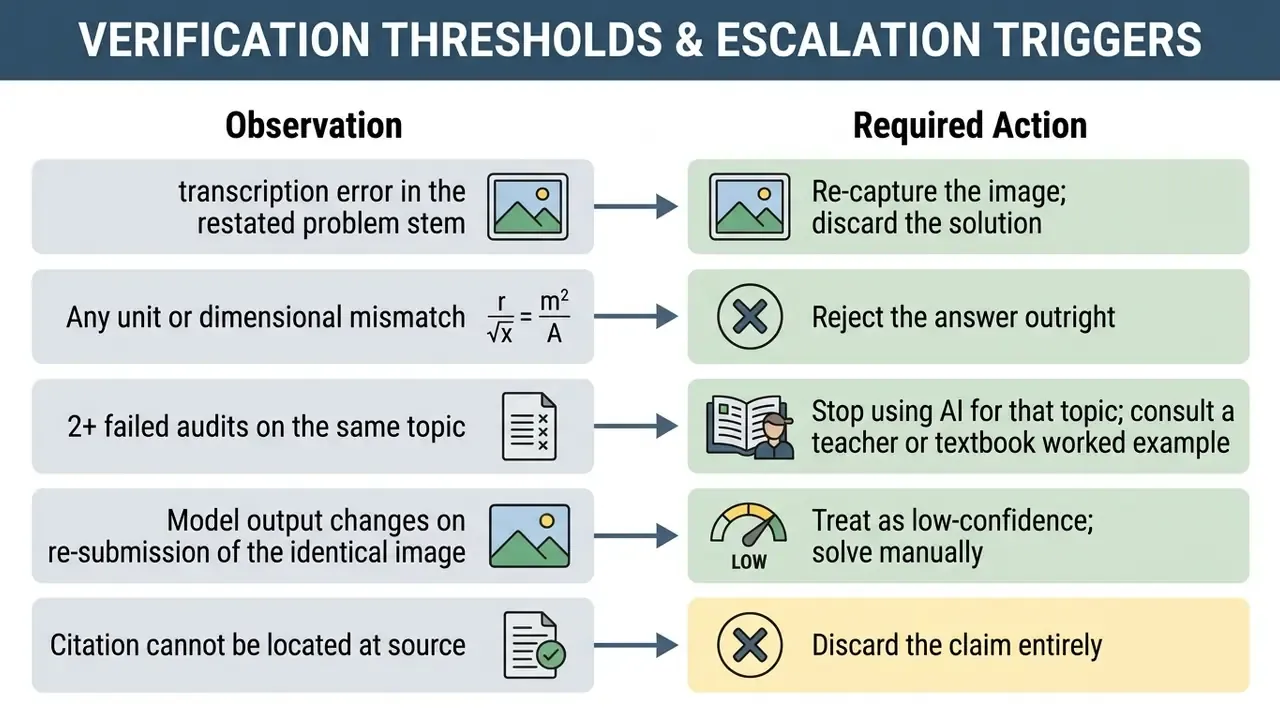 Table mapping specific AI homework helper observations to their corresponding required corrective actions