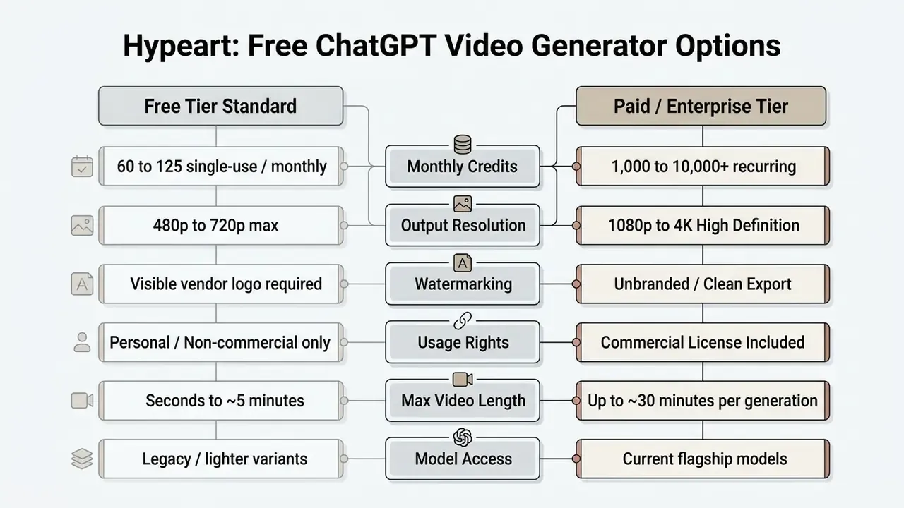 Comparison of features between free and paid enterprise tiers for video generation services