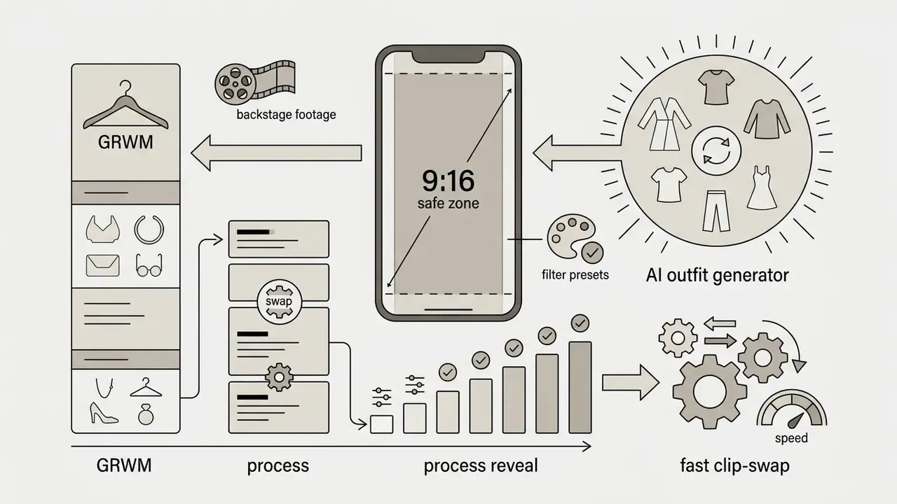 Central smartphone frame connecting AI outfit generation and video clip swapping workflows