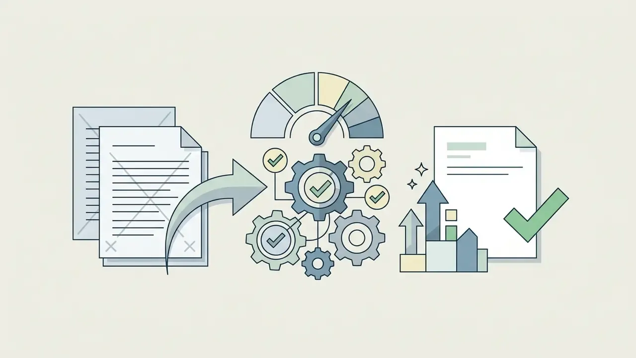 Documents with crossed out text moving through a gear mechanism and gauge to become polished data