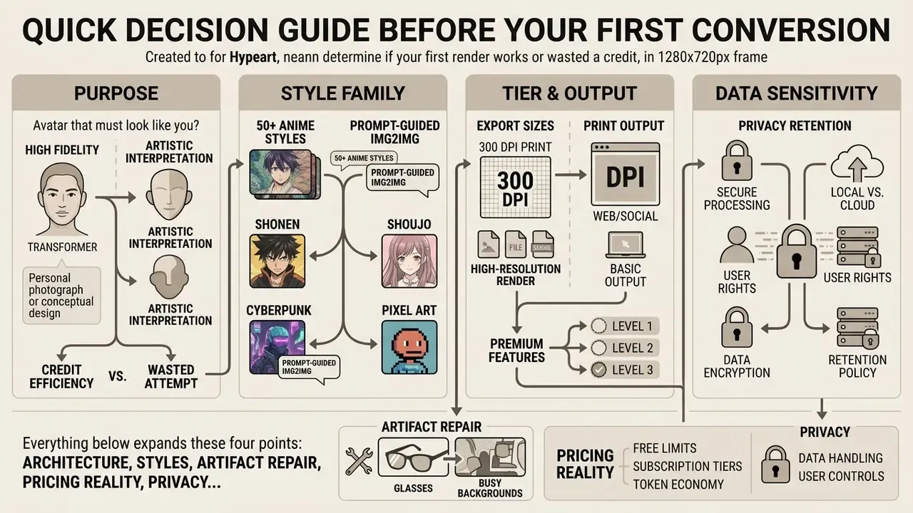 Flowchart outlining four key considerations for using an AI photo to anime converter effectively