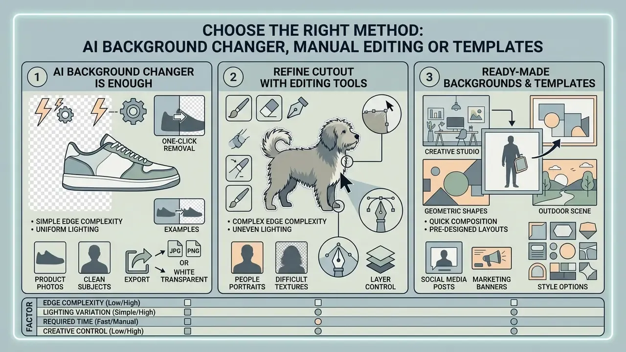 Infographic comparing AI background removal, manual editing tools, and template-based design workflows