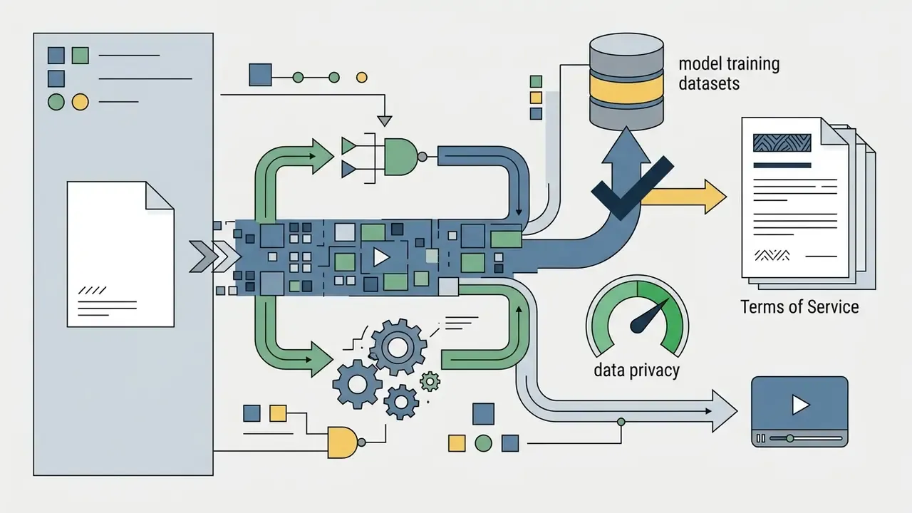 Data flow showing uploaded files being routed to model training datasets or secure video output