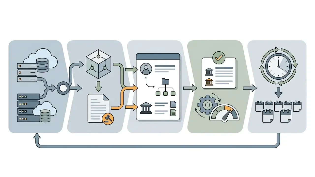 Sequential process flow mapping data sources to legal entities and recurring docket updates