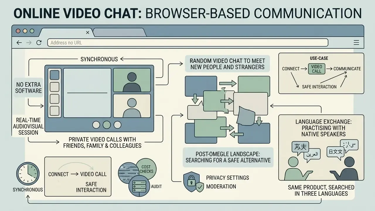 Infographic showing how browser-based online video chat facilitates real-time communication and connection