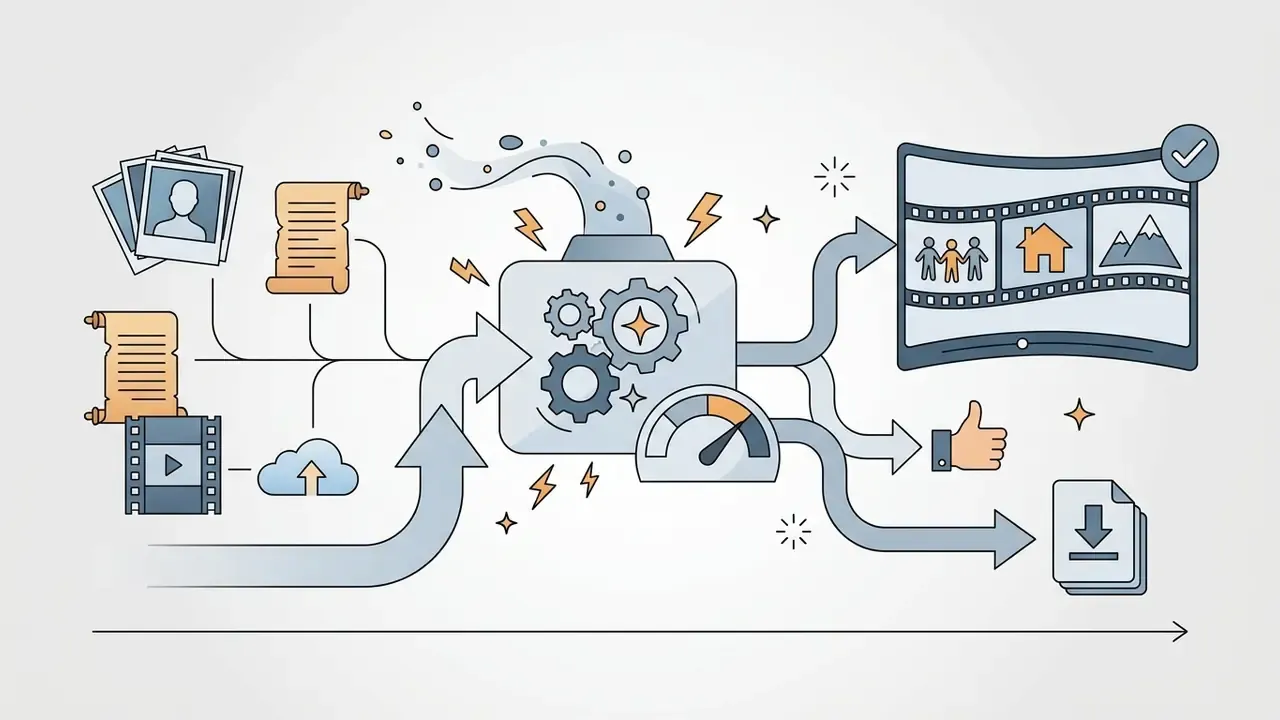Personal media assets flowing into a processing engine to create a film reel with export options