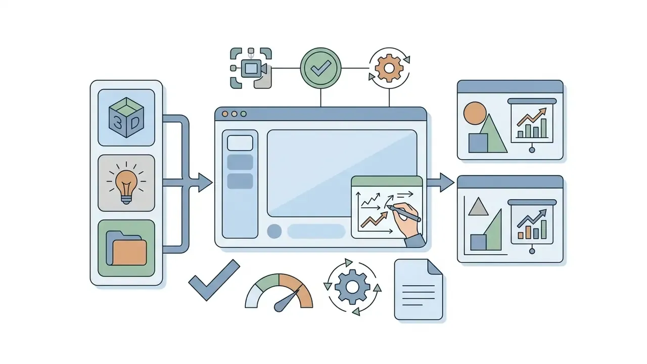 Software interface processing 3D and creative assets into business presentation slides and charts