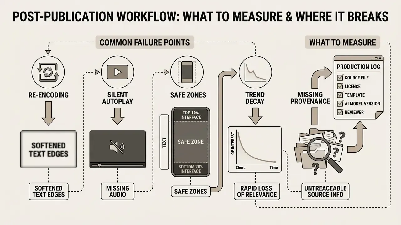 Diagram mapping common post-publication failure points and metrics for tracking content provenance
