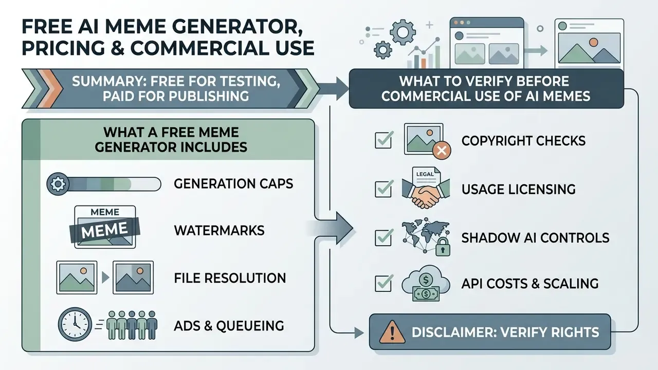 Summary of free tier limitations and legal verification steps for commercial content creation