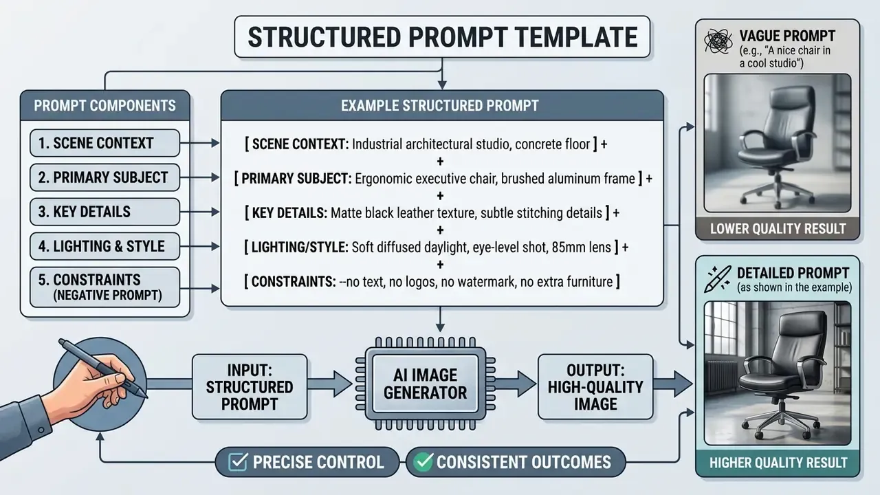 Diagram showing how a structured prompt template improves AI image generation results