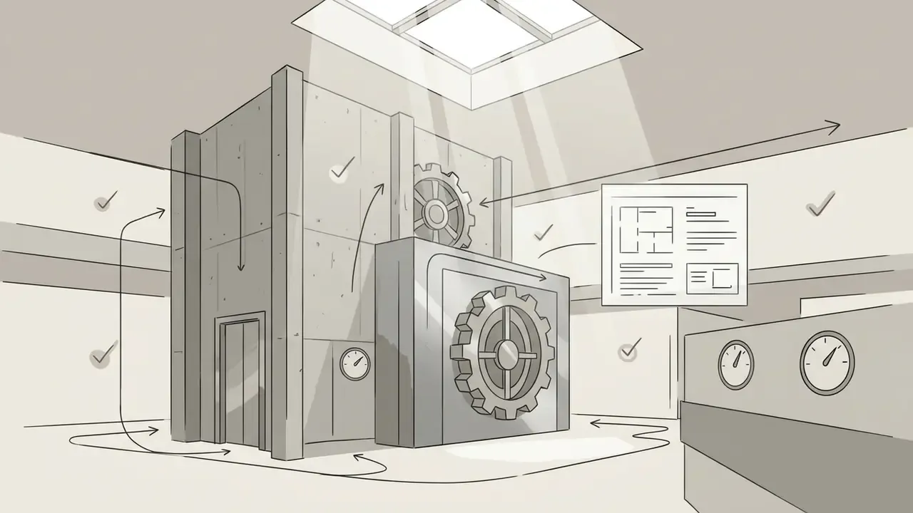 Modern bank vault interior with gears and gauges connected by arrows to a technical blueprint document