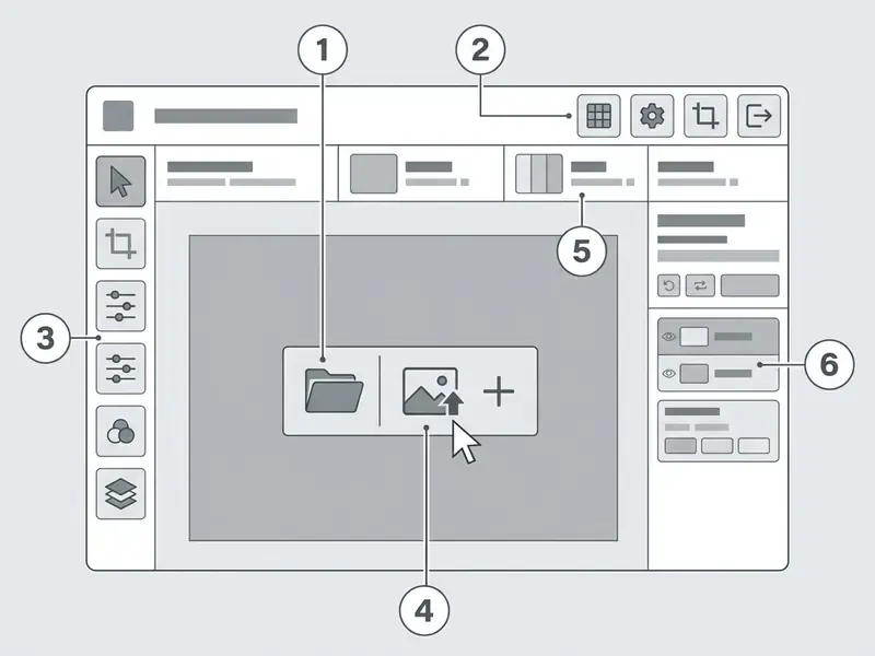 Numbered diagram of the Pixlr photo editor interface highlighting the canvas and main tool panels