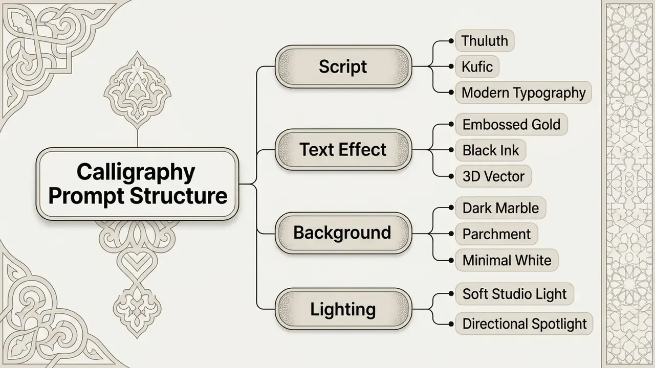 Tree diagram outlining elements for an AI image generator prompt including script, effects, and lighting