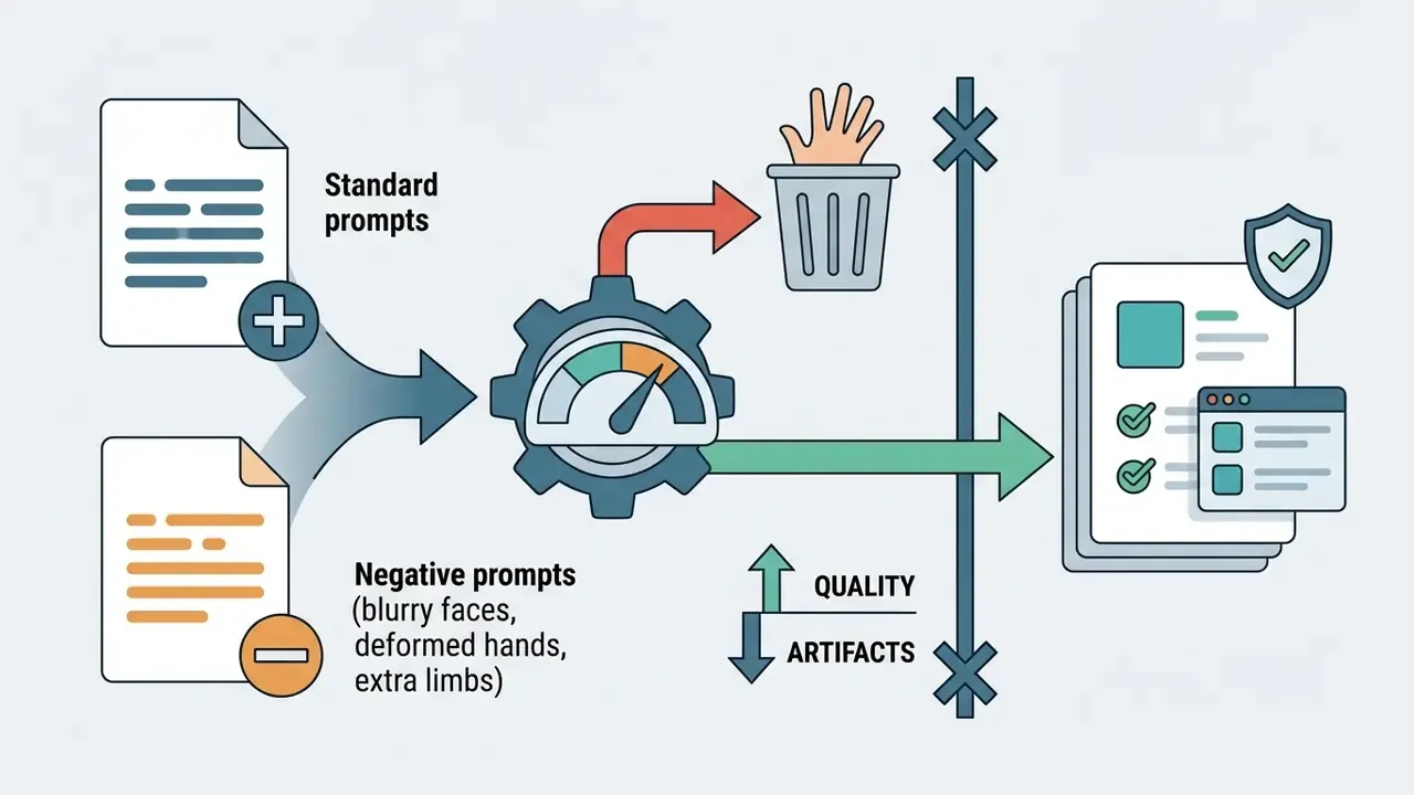 Standard and negative prompts merging into a gear mechanism to filter out artifacts and improve output