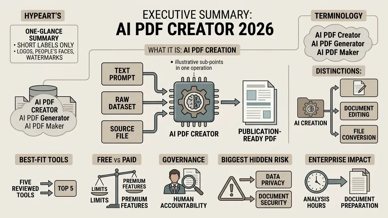 Infographic showing how an AI PDF creator transforms various inputs into a finished document
