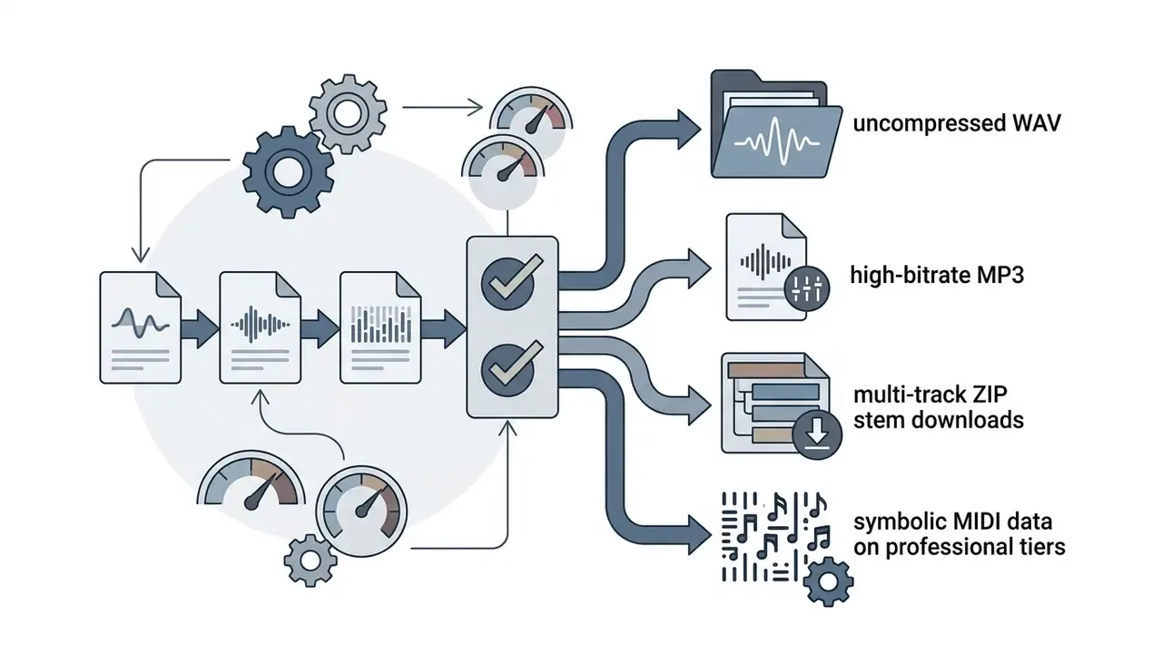 Process flow showing audio data conversion into WAV, MP3, ZIP stems, and MIDI file formats
