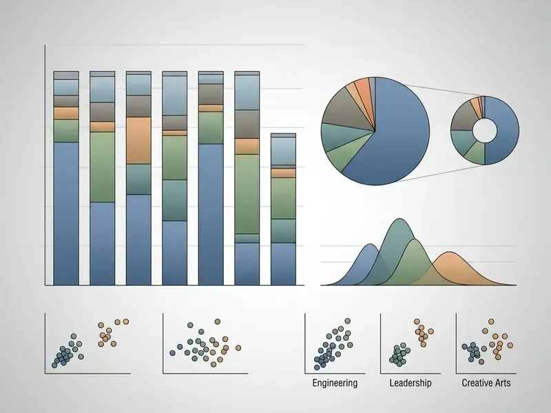 Stacked bar charts, pie charts, and scatter plots visualizing demographic distributions in professional roles