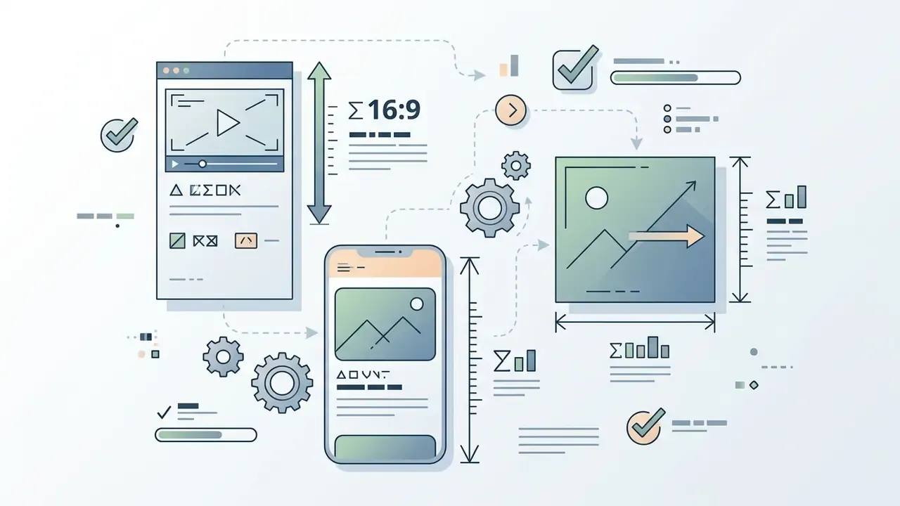 Desktop and mobile video frames connected by gears and measurement icons indicating aspect ratio adjustments