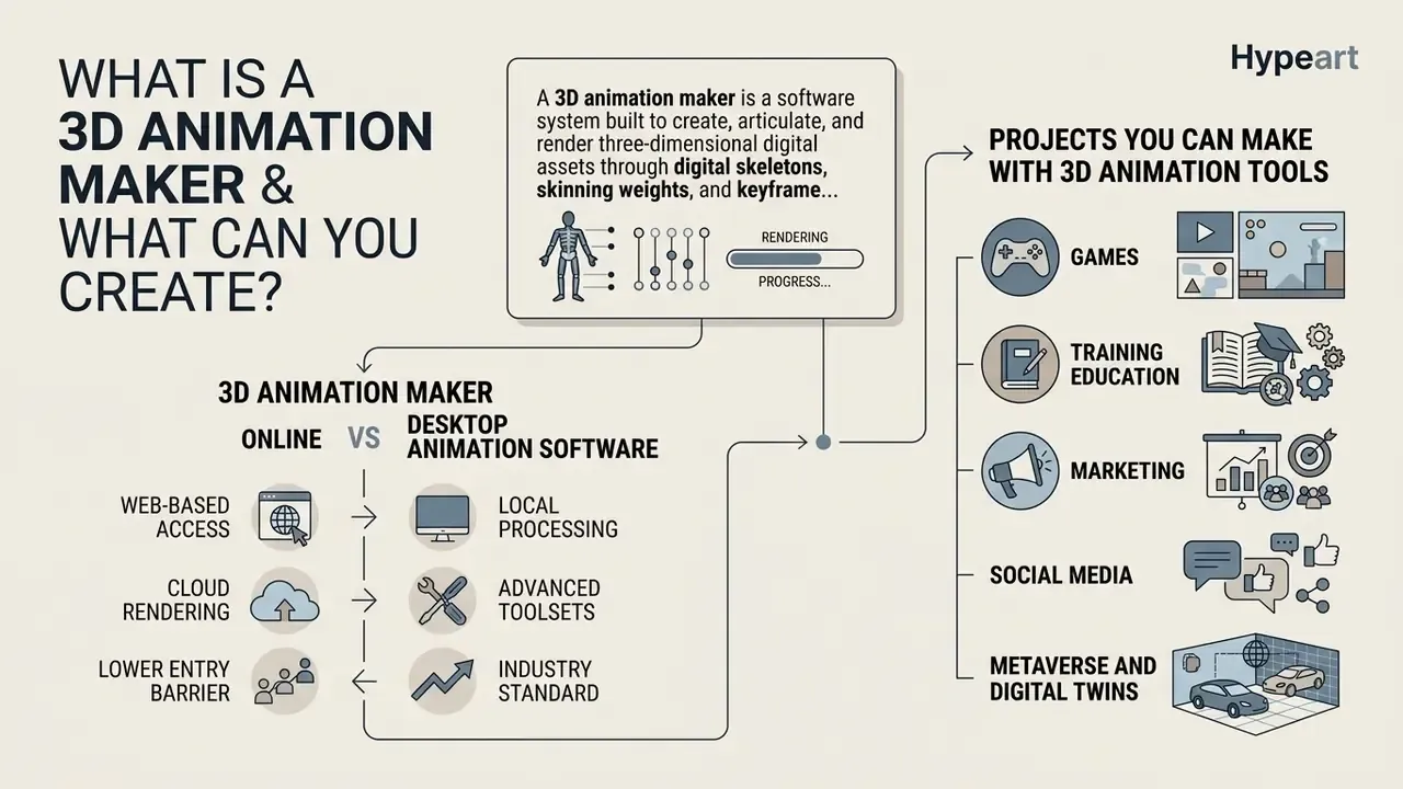 Infographic comparing online and desktop 3D animation maker tools and listing various project types