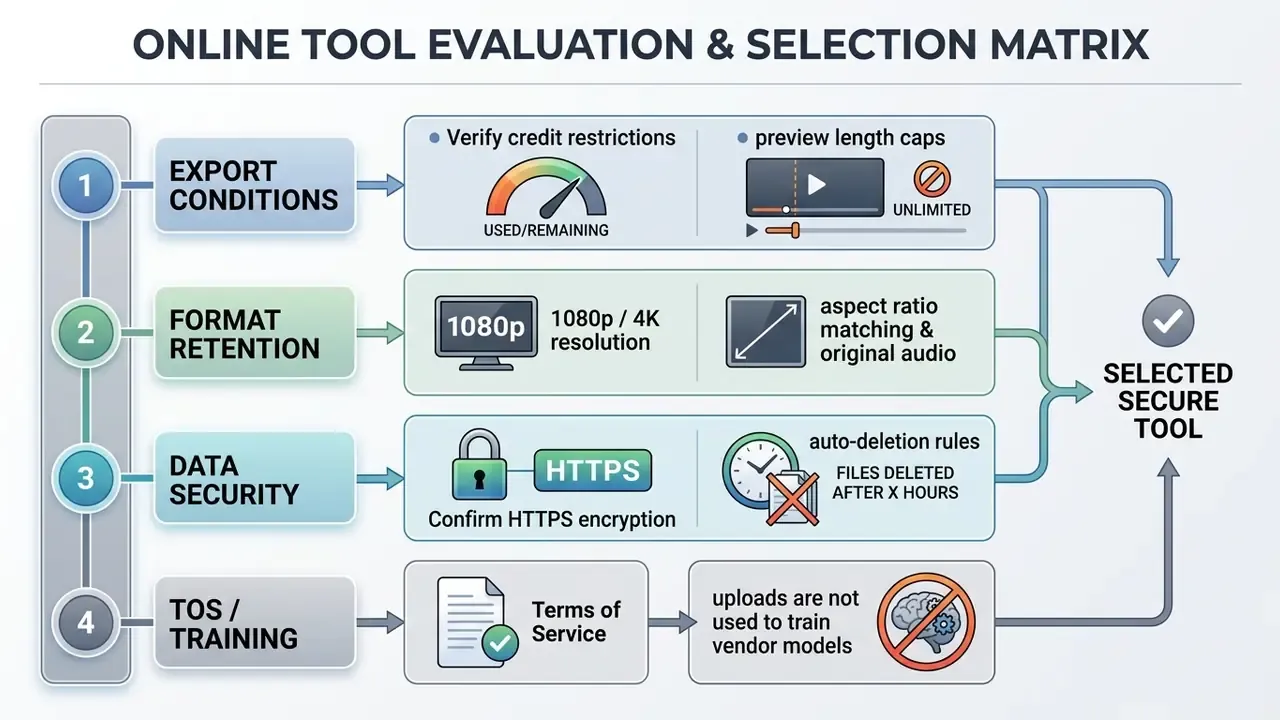 Matrix evaluating export conditions, format retention, data security, and training policies for tools