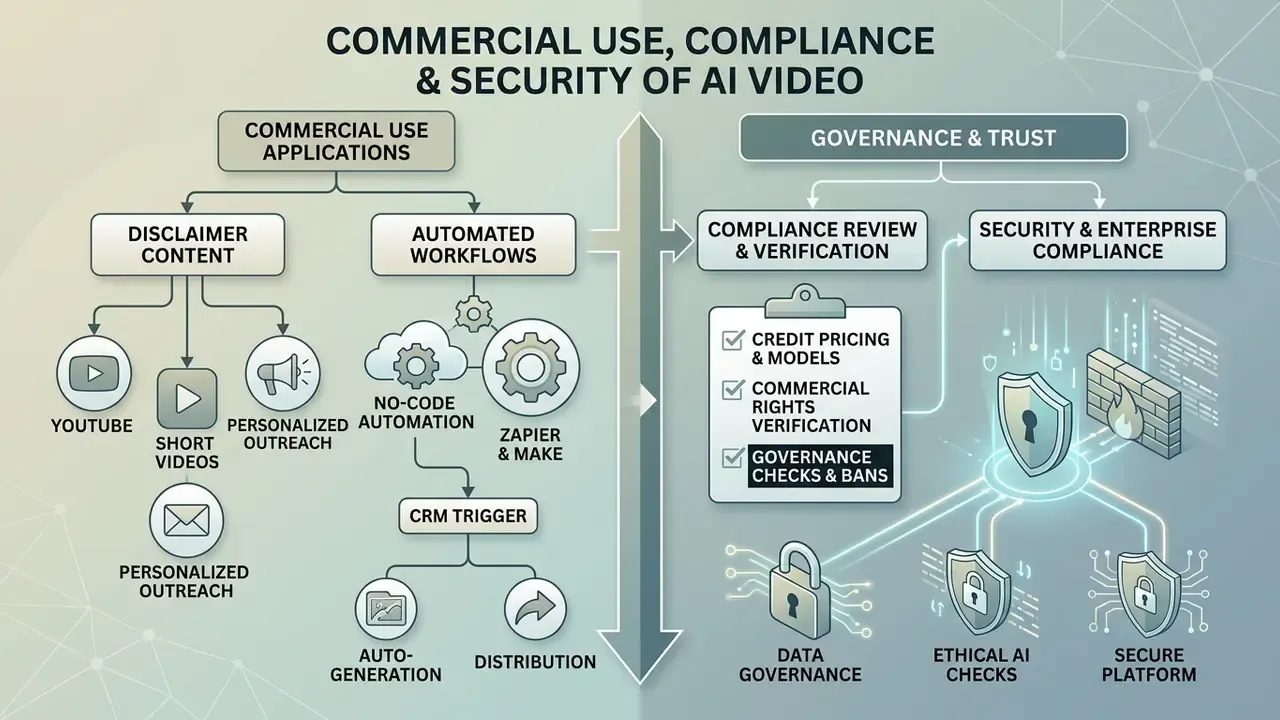 Flowchart mapping HeyGen AI commercial use applications alongside governance and security protocols