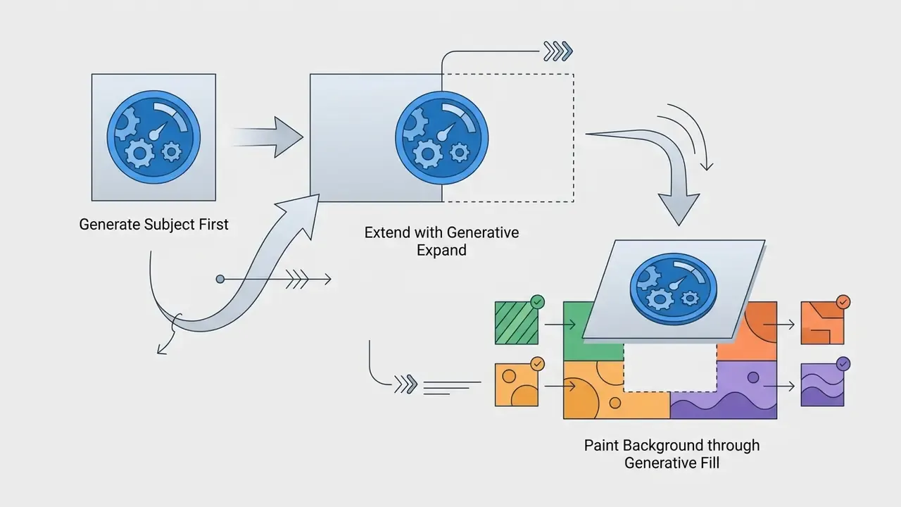 Step-by-step visual guide showing subject generation, frame expansion, and background filling with layers