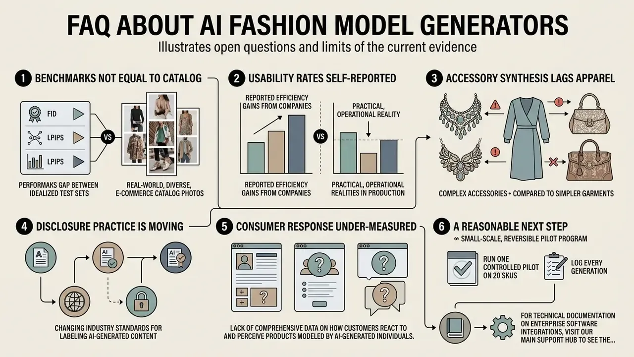 Six numbered points outlining current limitations and open questions regarding AI fashion model tools