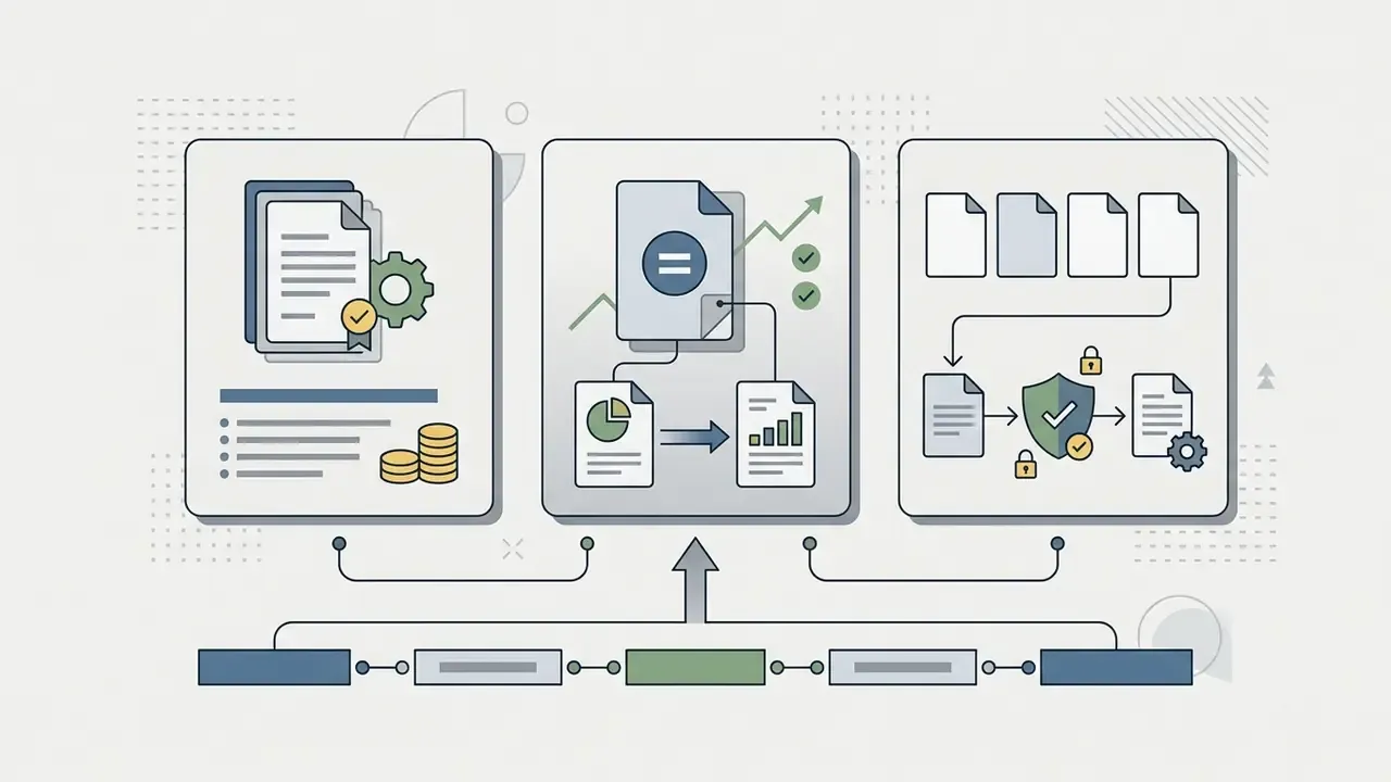 Three panels showing document pricing, data analysis, and security workflows linked to a base process line