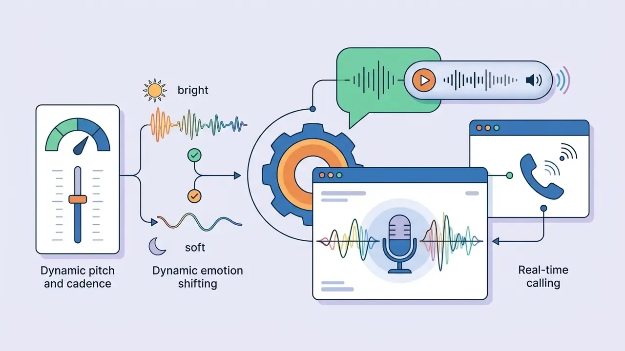 Voice parameters like pitch and cadence feeding into a processor for real-time audio output