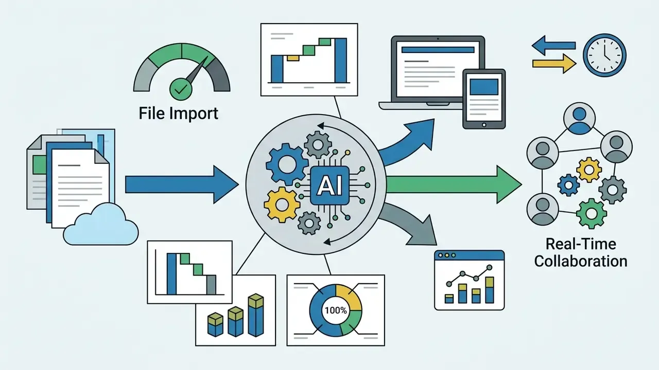 Documents feeding into an AI processing hub that outputs various chart types to devices and team members