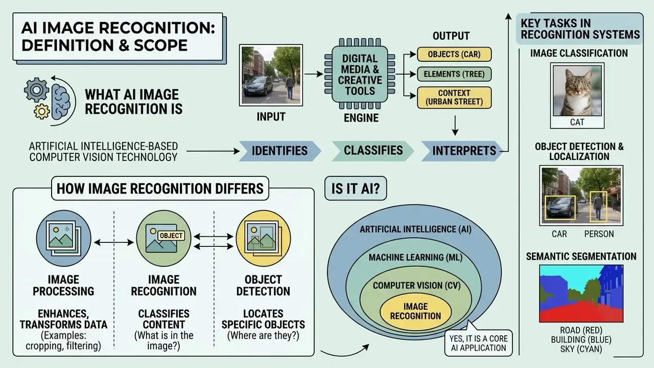 Diagram explaining AI image recognition tasks, technical differences, and its status as an AI application