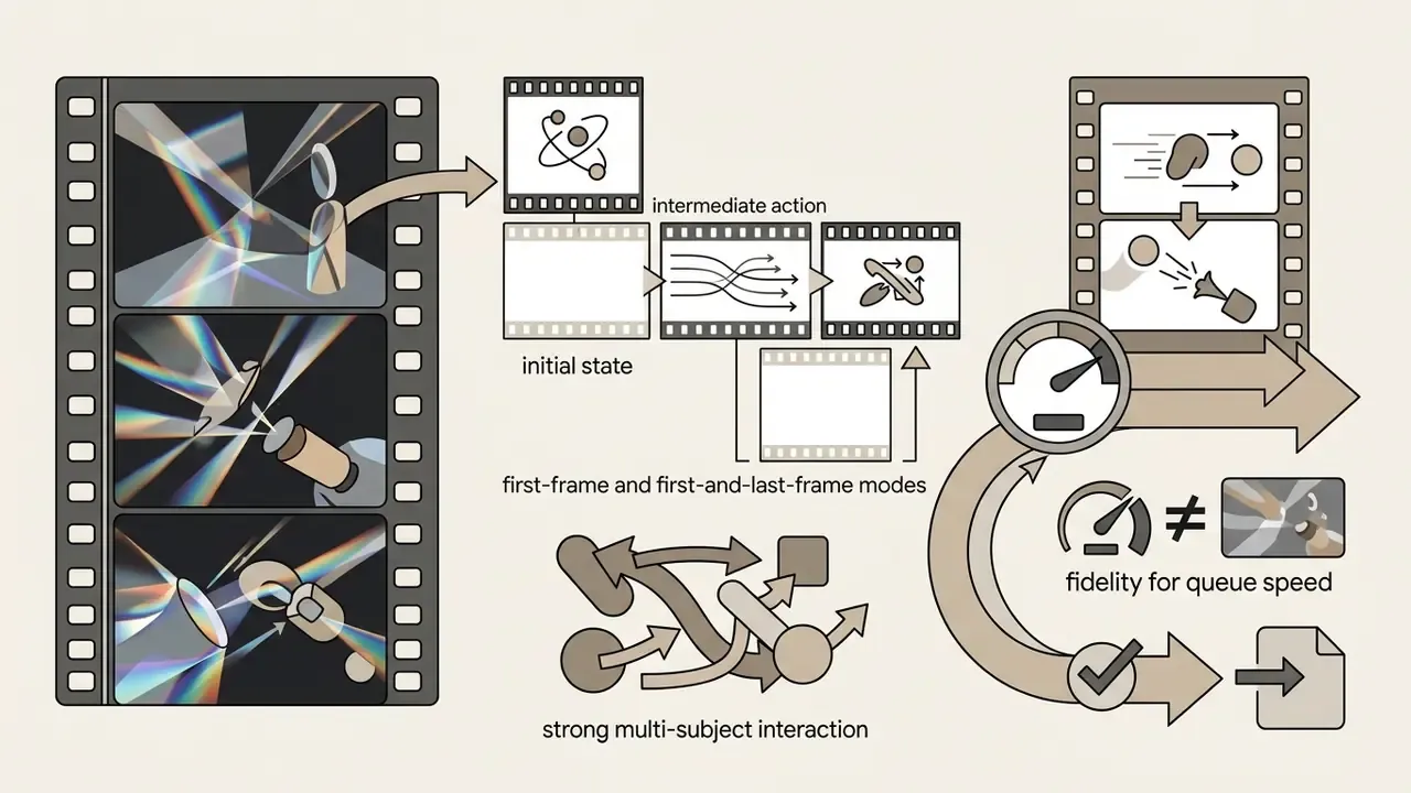 Visual breakdown of light physics modeling, frame control modes, and speed trade-offs in video generation