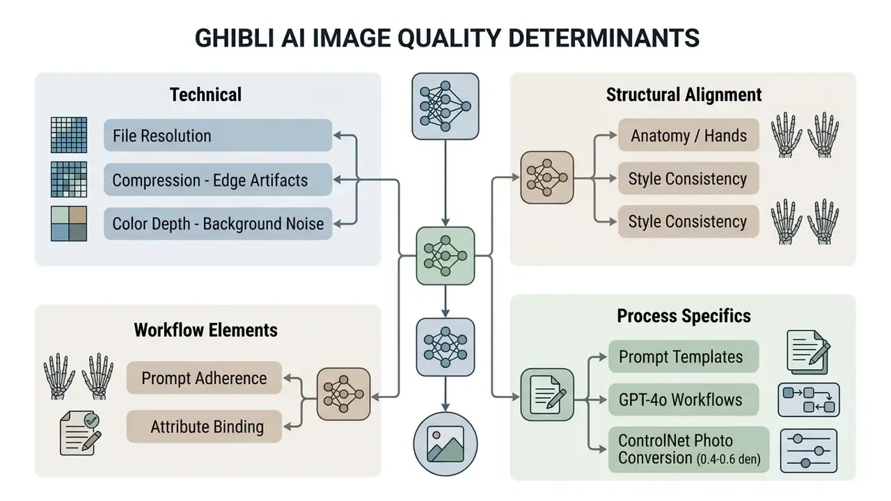 Taxonomy chart mapping technical, structural, and workflow factors affecting generative output quality