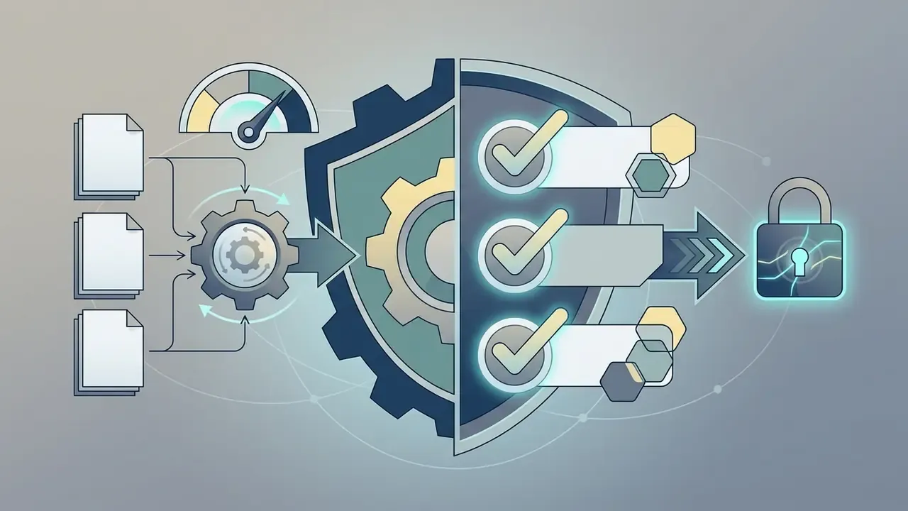 Documents moving through a gear and shield mechanism to reach a secure padlock icon
