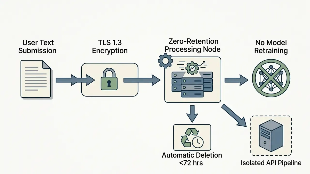Flowchart showing data processing stages from TLS encryption to zero-retention and isolated API pipelines