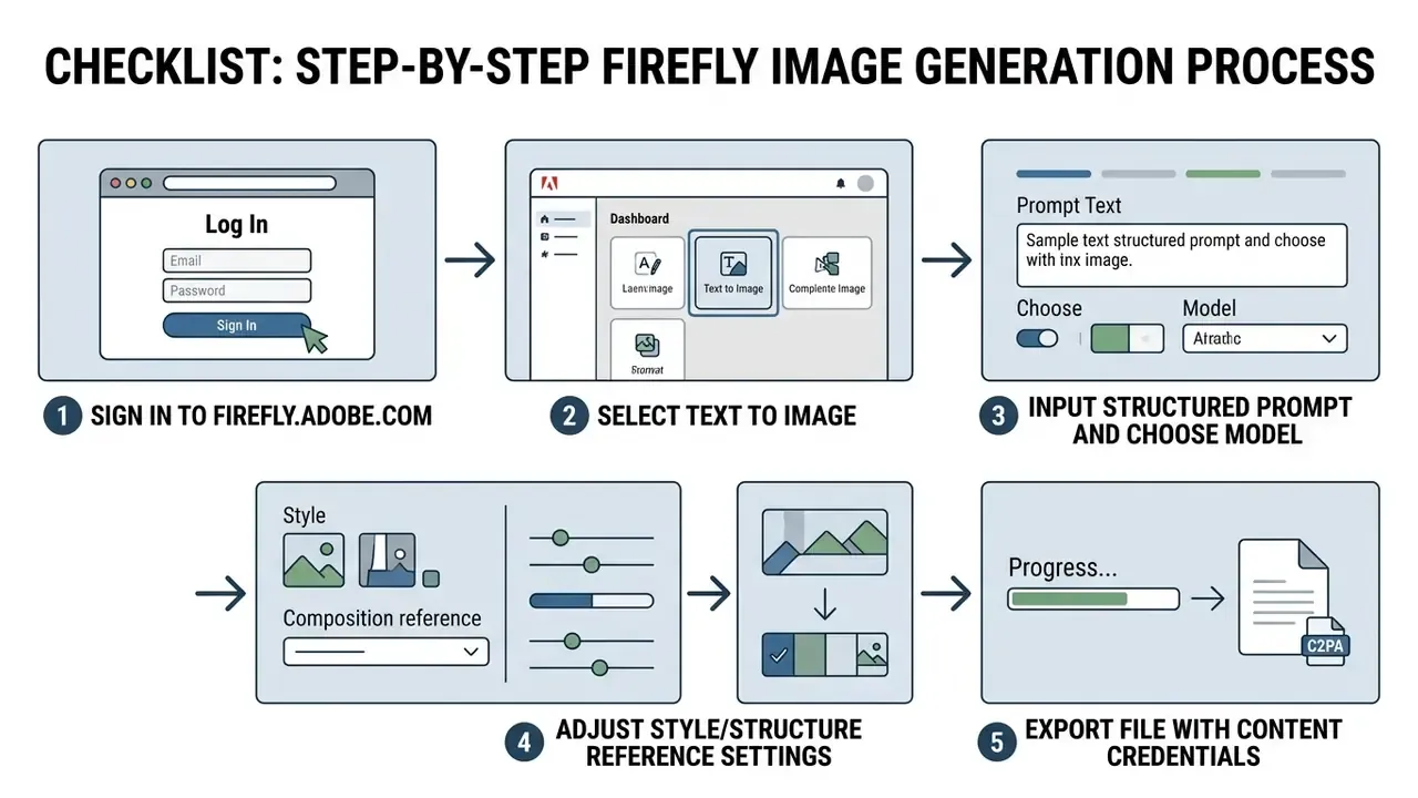 Five numbered steps showing the workflow for generating images with Firefly from login to file export