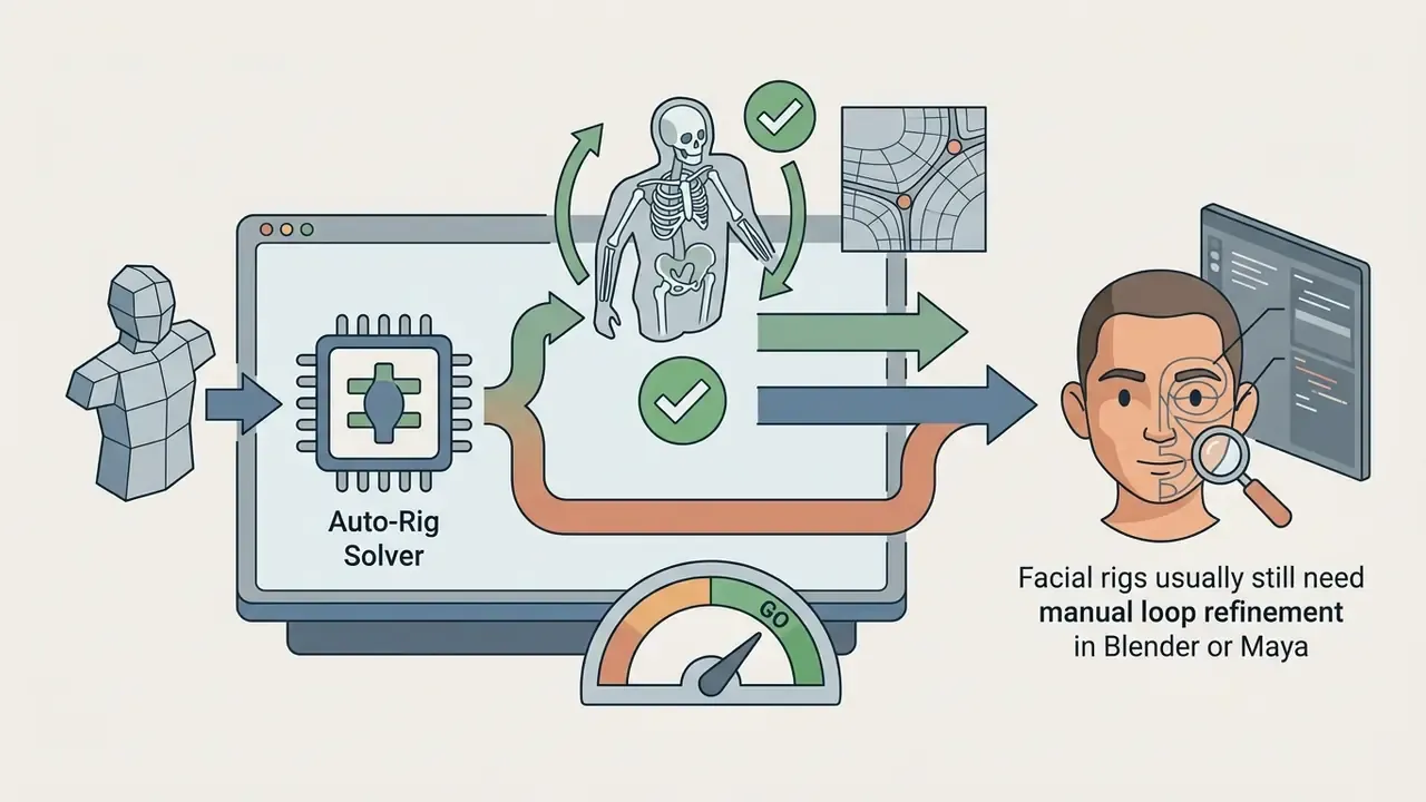 Character mesh passing through an auto-rig solver to reach a final model requiring manual facial refinement