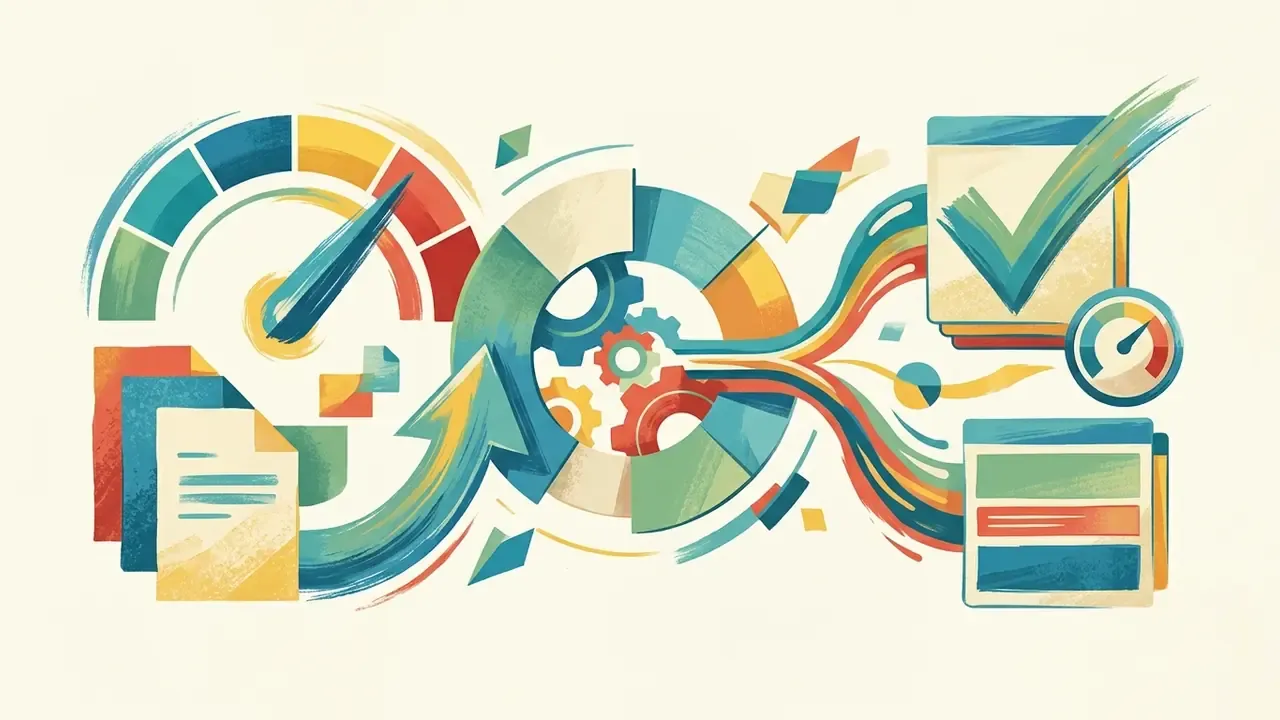 Colorful abstract shapes and gears connecting documents to a checklist and progress gauge