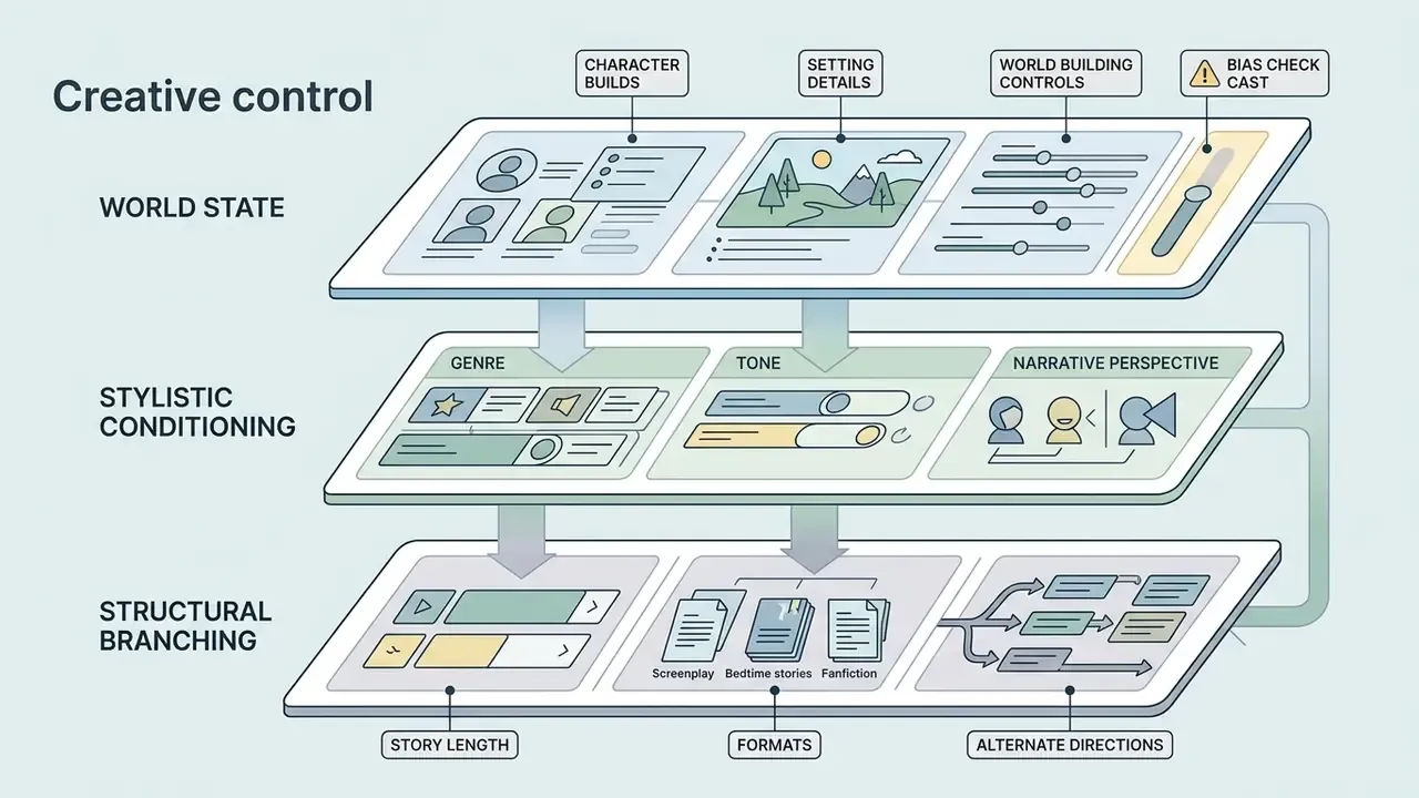 Three-tiered diagram illustrating narrative controls for world state, stylistic conditioning, and branching