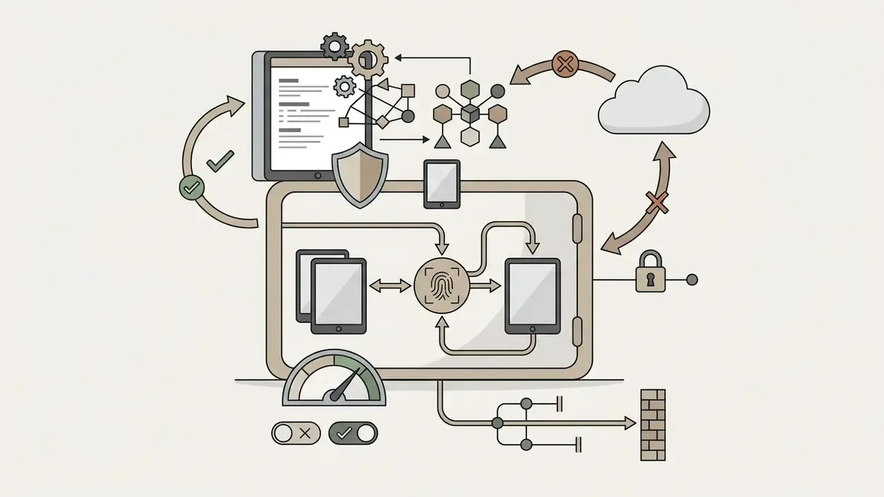 Tablets and a fingerprint icon inside a vault showing local data processing instead of cloud storage