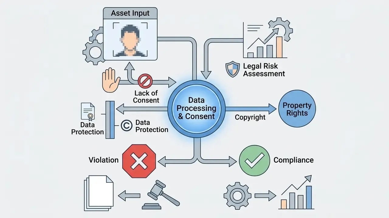 Flowchart mapping data processing, consent requirements, and legal risks for AI image tools