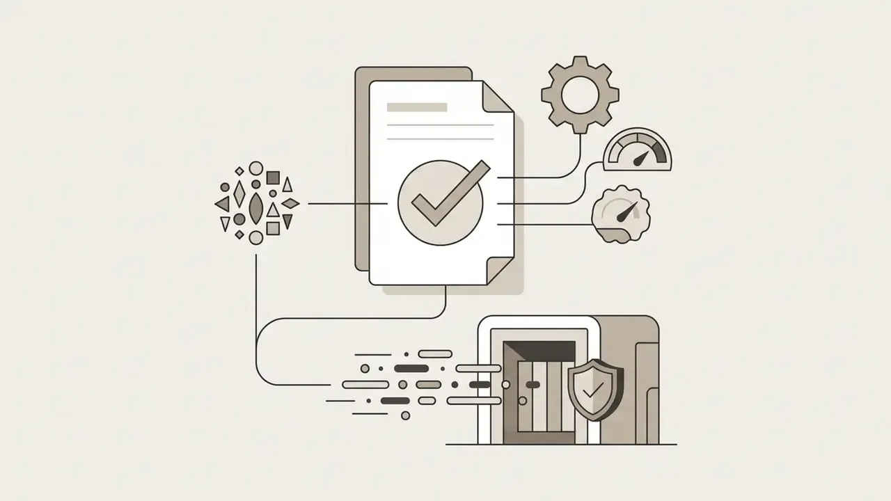Document with a checkmark connecting to gears, gauges, and a secure vault icon representing data storage